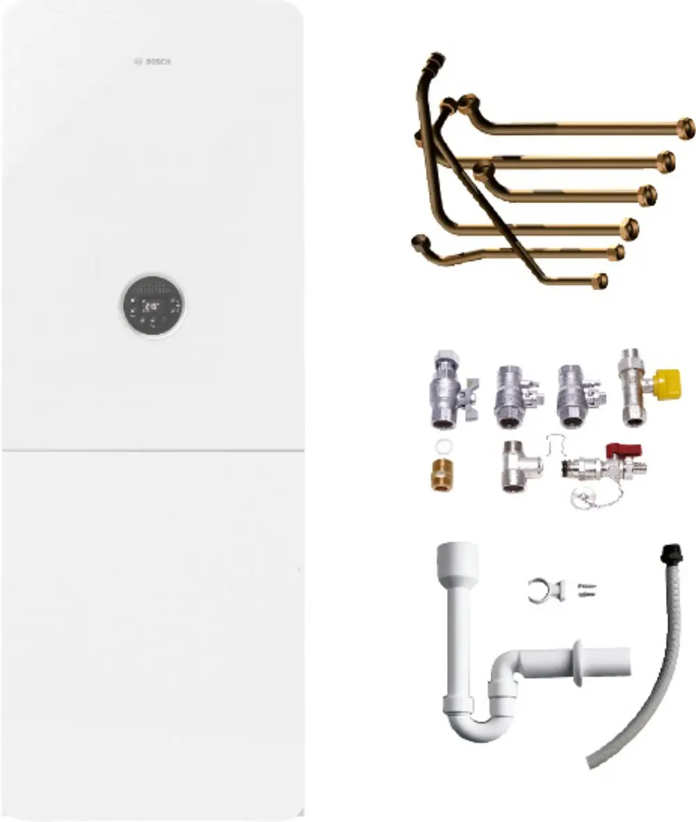 Weißer Bosch-Gasheizkessel mit digitalem Bedienfeld, umgeben von verschiedenen Verbindungsteilen, Rohren und Abflussteilen für die Installation.